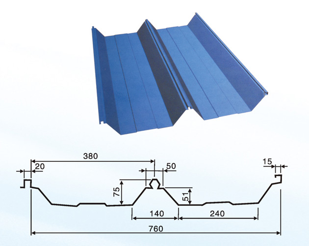 　　該板型是國(guó)際最流行的屋面用板，特點(diǎn)為扣式加咬邊自鎖聯(lián)接件全部隱藏安裝，整個(gè)屋面無(wú)一螺釘外露。安裝快捷方便，有很好的截面特性，壽命比普通壓型鋼板提高2倍以上，絕無(wú)滲漏，適用于所有屋面，是近幾年來(lái)主要的換代產(chǎn)品。配上起拱成型機(jī)，可生產(chǎn)帶骨架式拱型屋面體系。